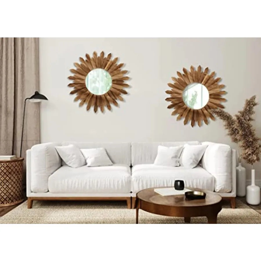 Boho Wall Sunburst Mirror 2 Pack Rustic Wood Decor