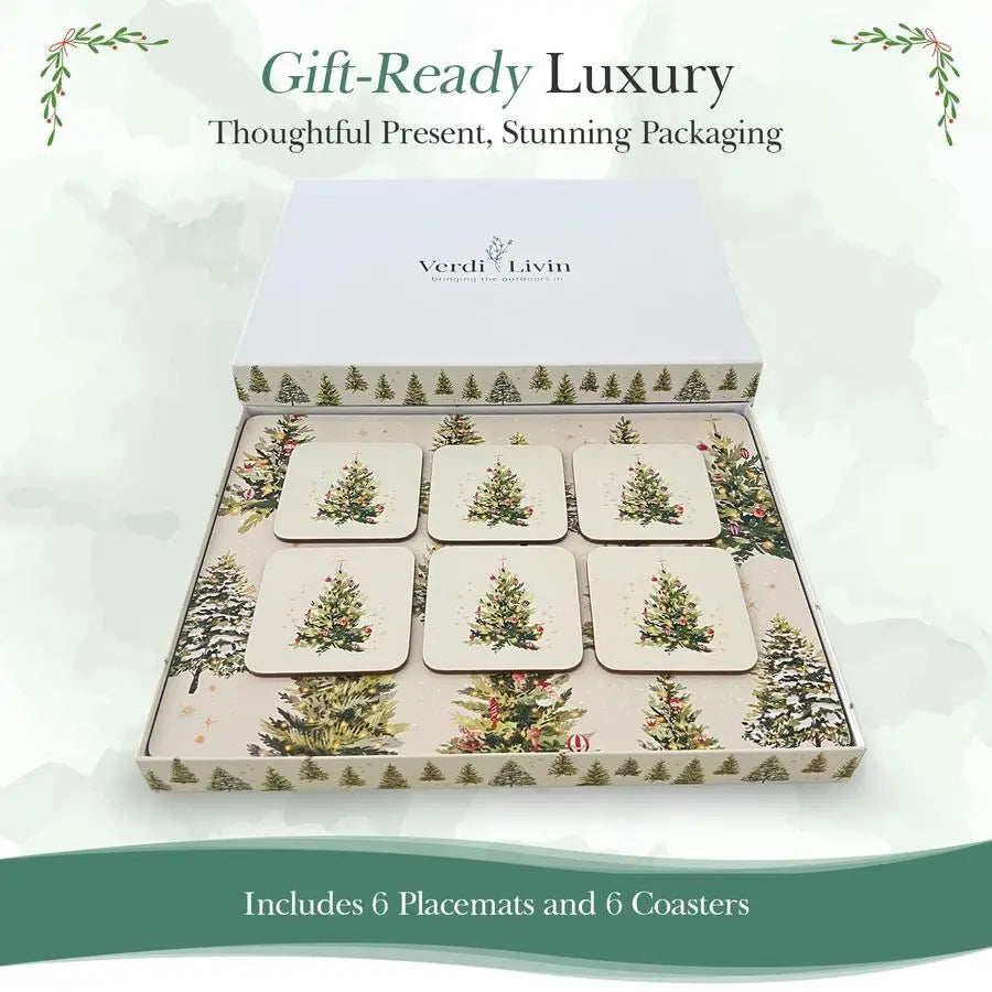Placemats Set of 6 Matching Coasters I Heat Resistant Place Mats for Dining Table 16 x 12, Cork Backed, Wipeable Xmas Trees