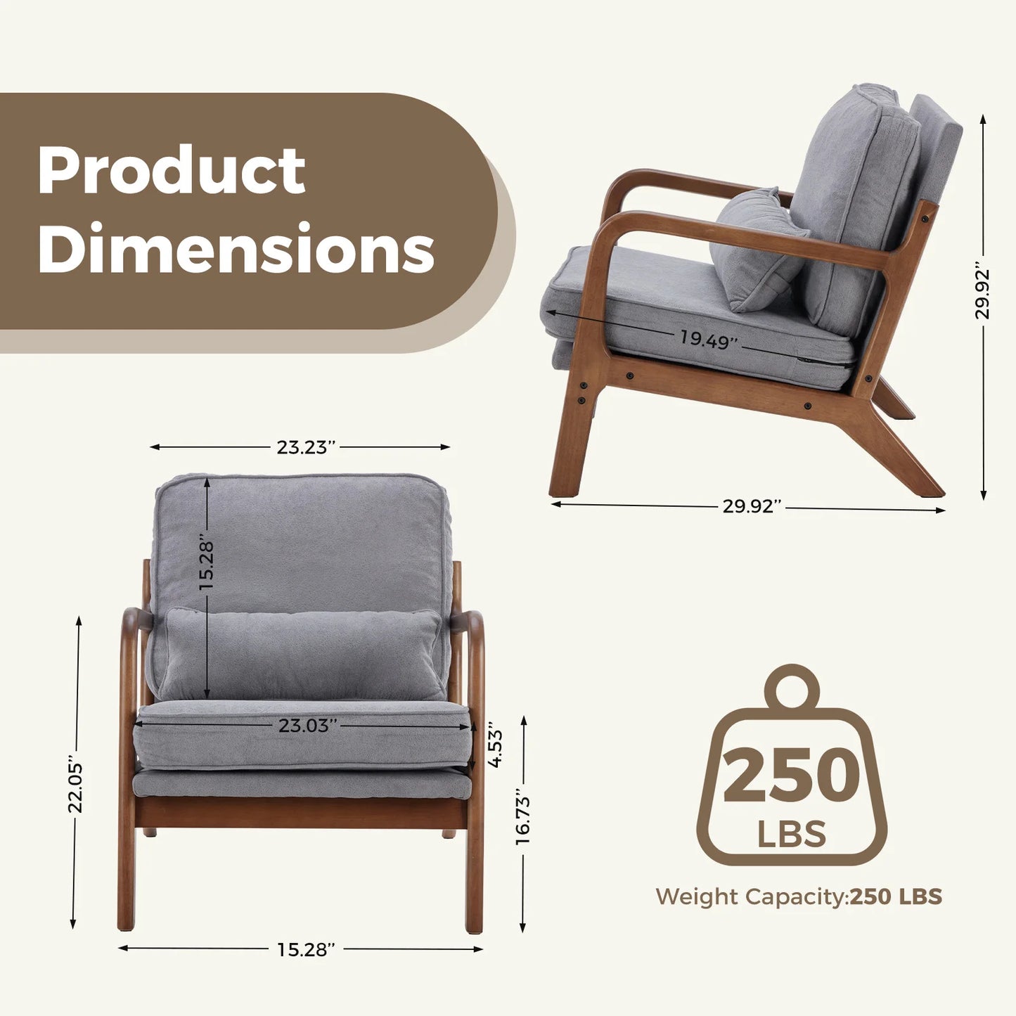 JHK Mid Century Modern Wood Frame Accent Chair With Armrests