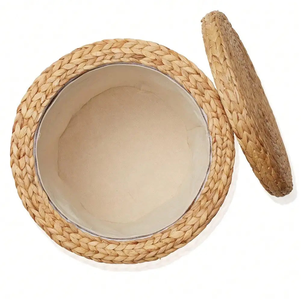 Round Storage Ottoman With Lid Handwoven Water Hyacinth Footstool Living Room
