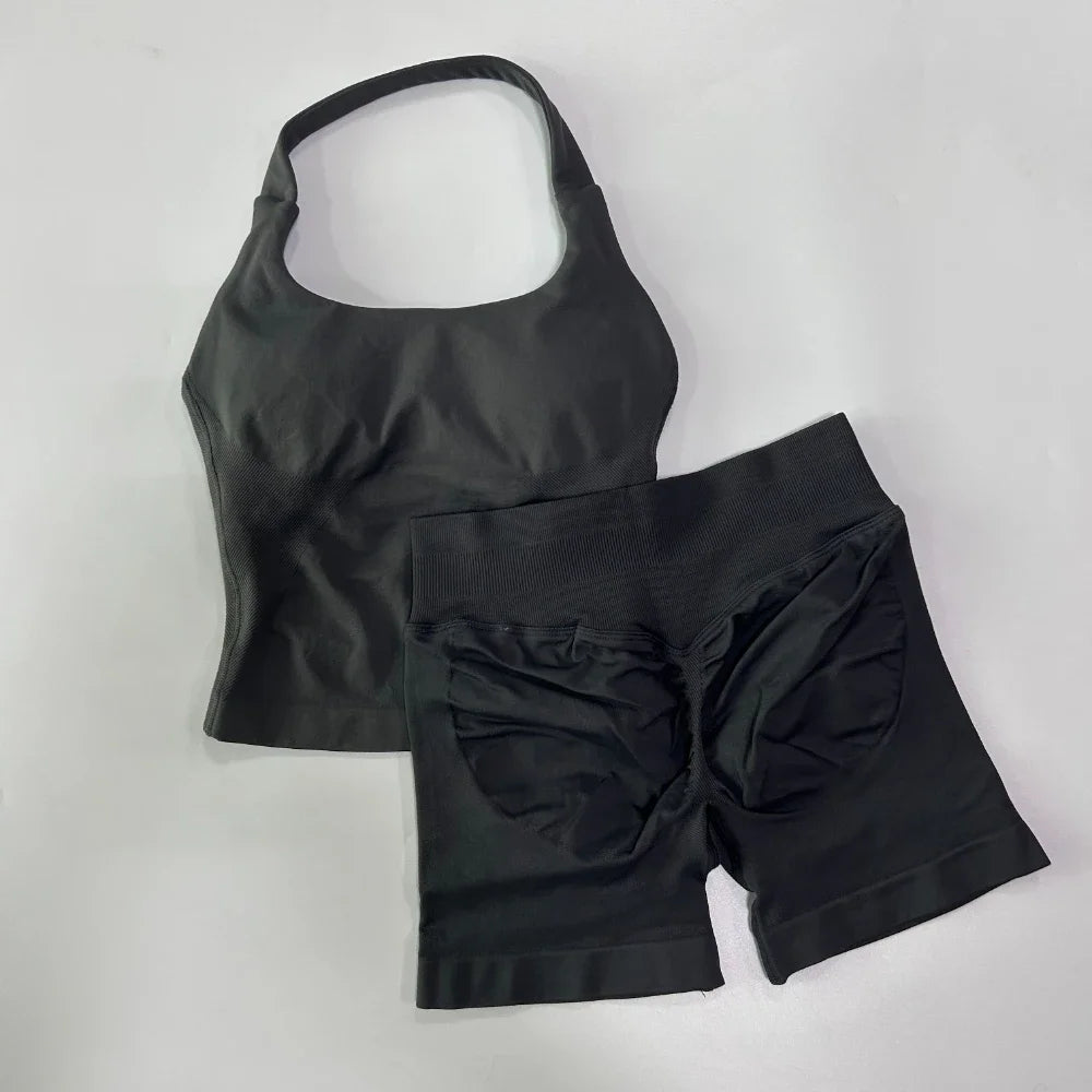 Yoga 2 Piece Gym Set For Women Backless Halter Top And High Waist Shorts