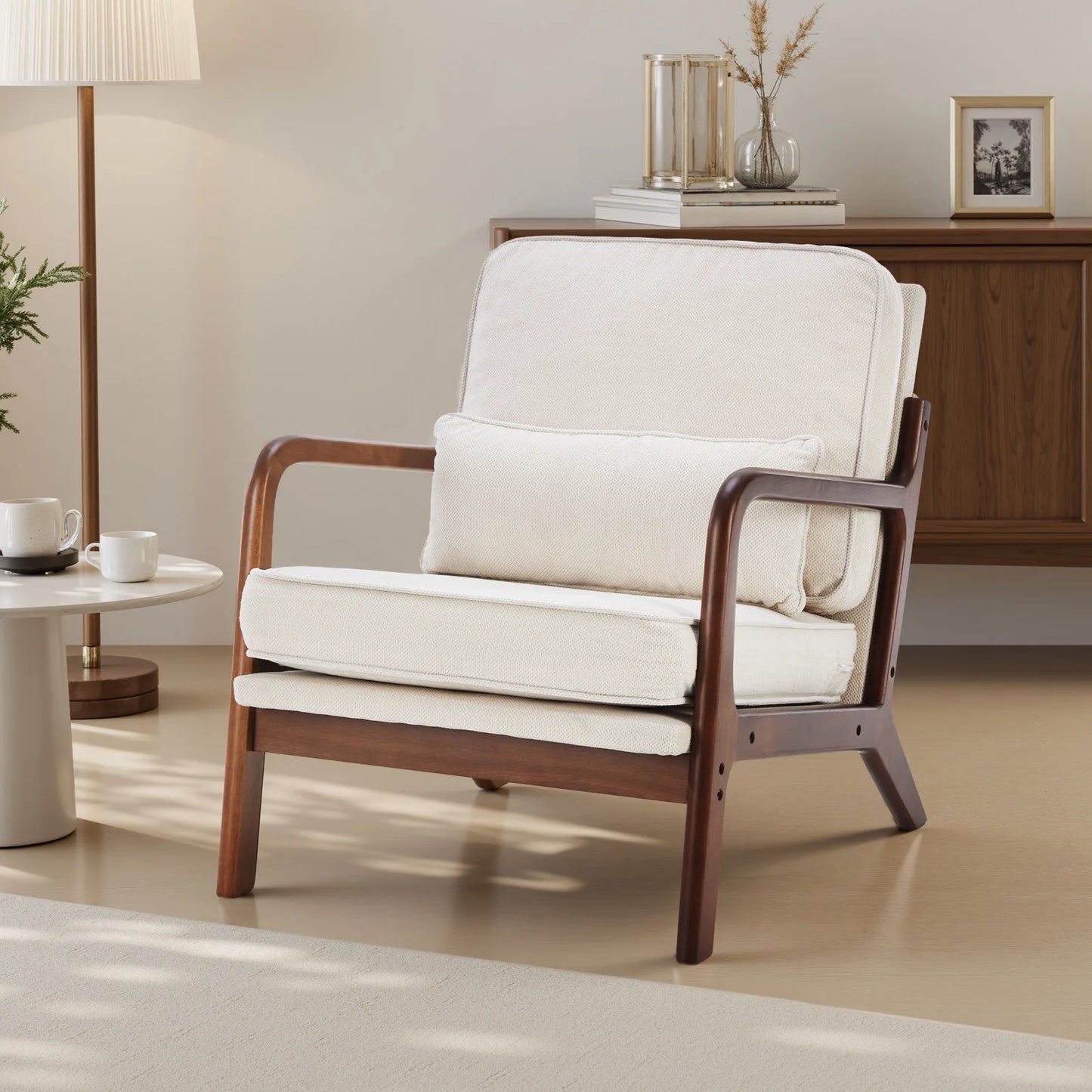 JHK Mid Century Modern Wood Frame Accent Chair With Armrests