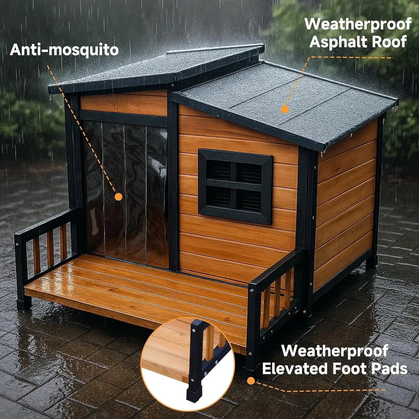 Insulated Wood Dog House Outdoor Shelter Weatherproof Asphalt Roof