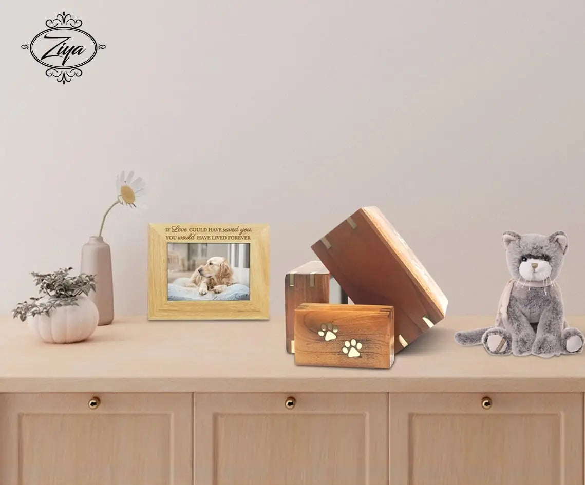 Handmade Wooden Pet Urn With Brass Paws Inlay For Ashes