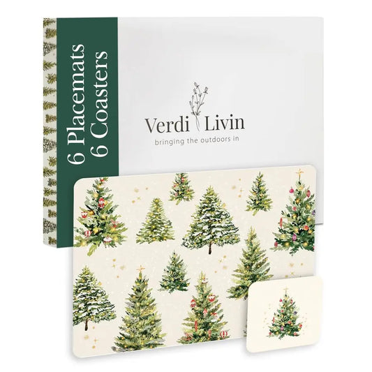 Placemats Set of 6 Matching Coasters I Heat Resistant Place Mats for Dining Table 16 x 12, Cork Backed, Wipeable Xmas Trees