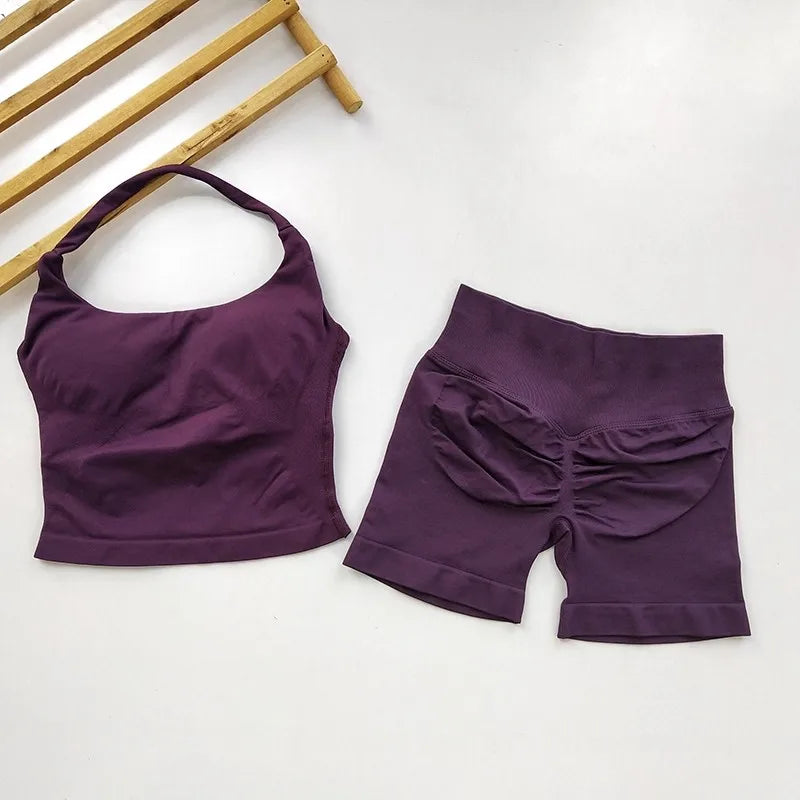 Yoga 2 Piece Gym Set For Women Backless Halter Top And High Waist Shorts