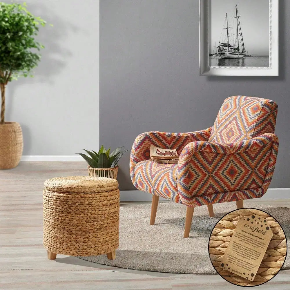 Round Storage Ottoman With Lid Handwoven Water Hyacinth Footstool Living Room