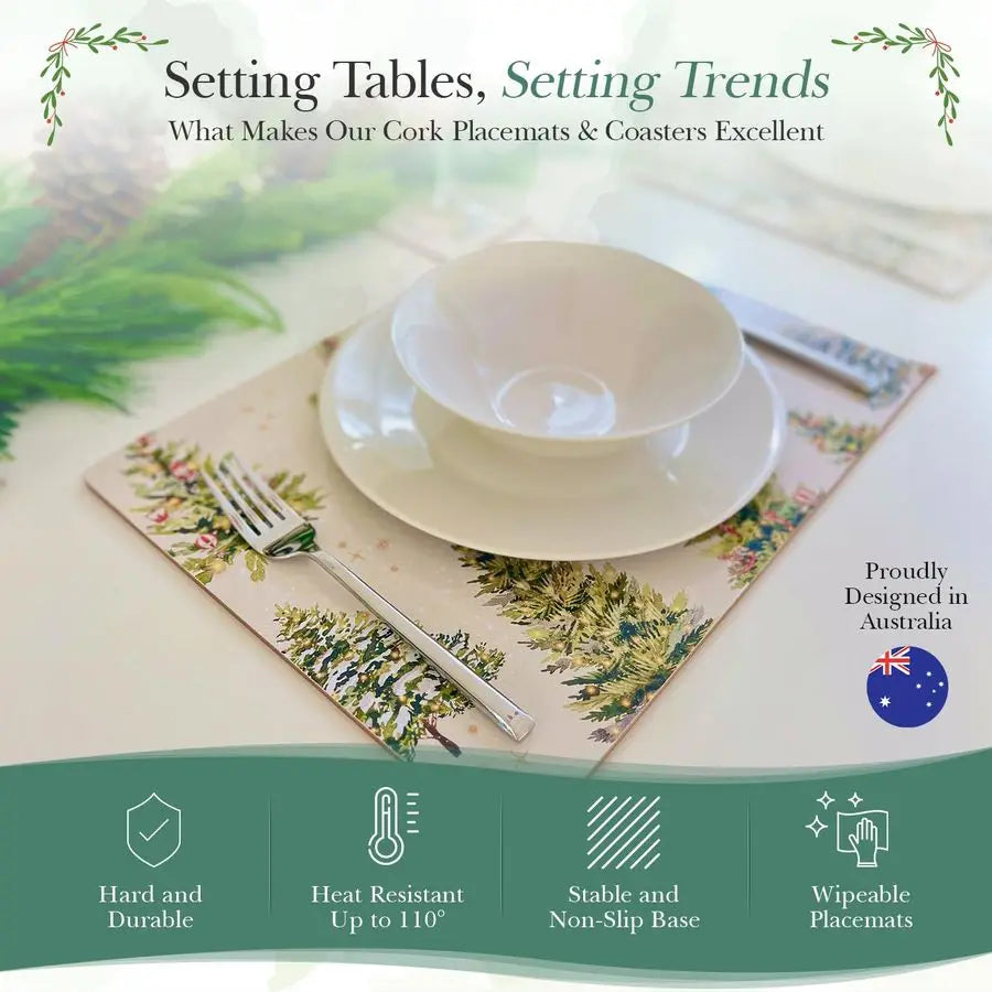 Placemats Set of 6 Matching Coasters I Heat Resistant Place Mats for Dining Table 16 x 12, Cork Backed, Wipeable Xmas Trees
