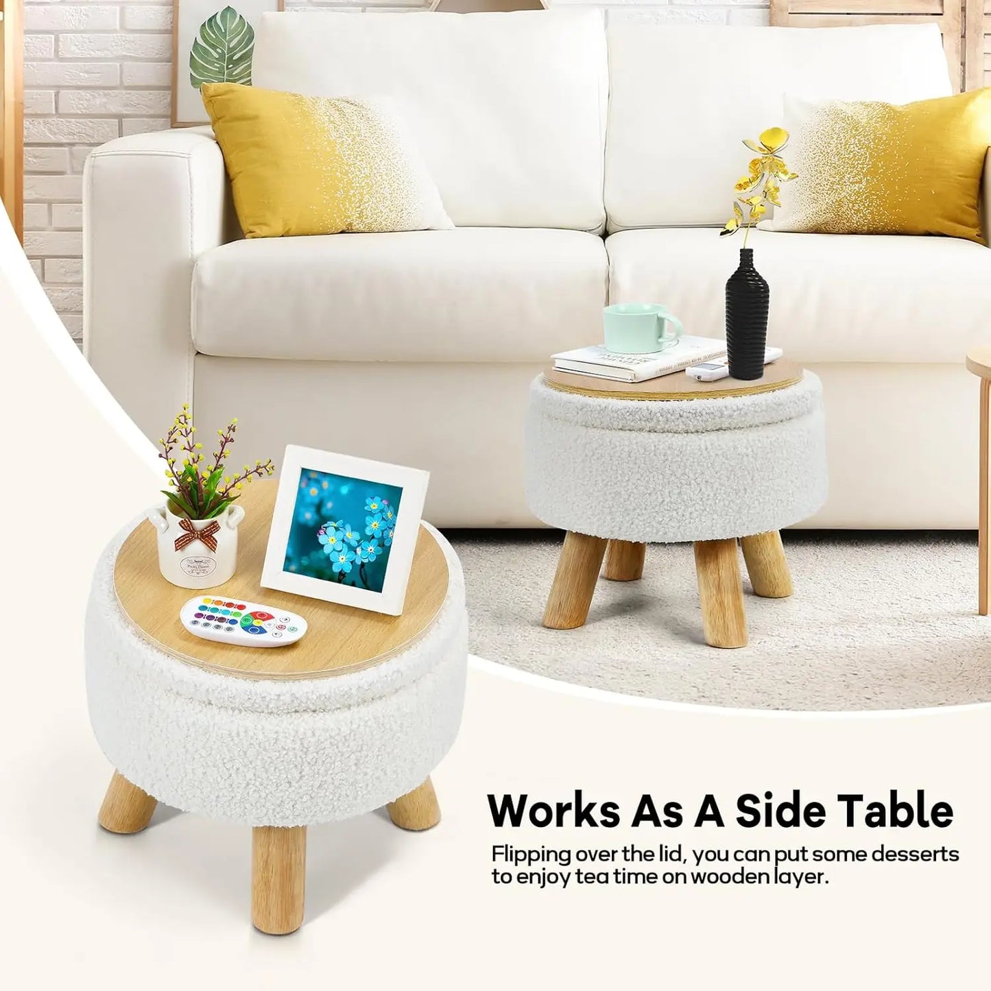 Ottoman Foot Rest, Small Round Ottoman with Storage, Boucle Teddy Velvet Footstool with Wood Legs, Soft Sponge Storage