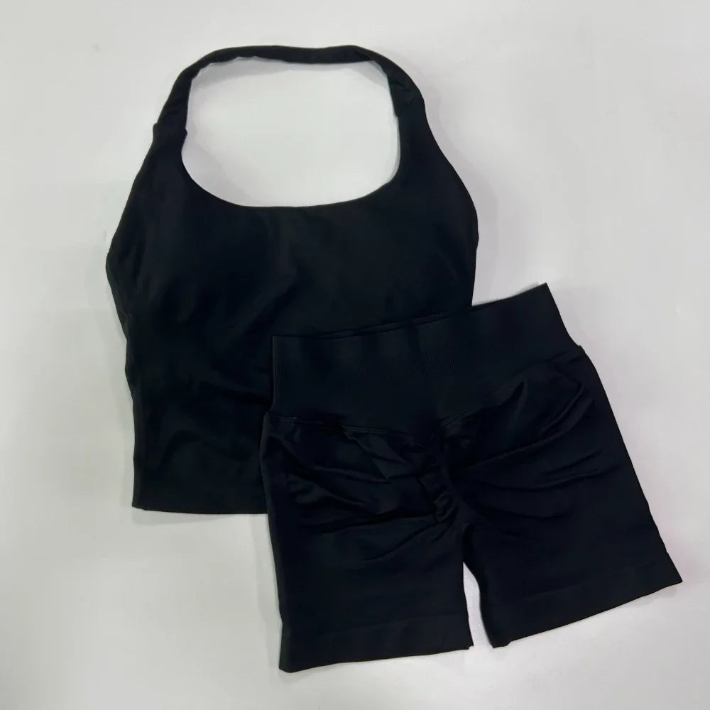 Yoga 2 Piece Gym Set For Women Backless Halter Top And High Waist Shorts