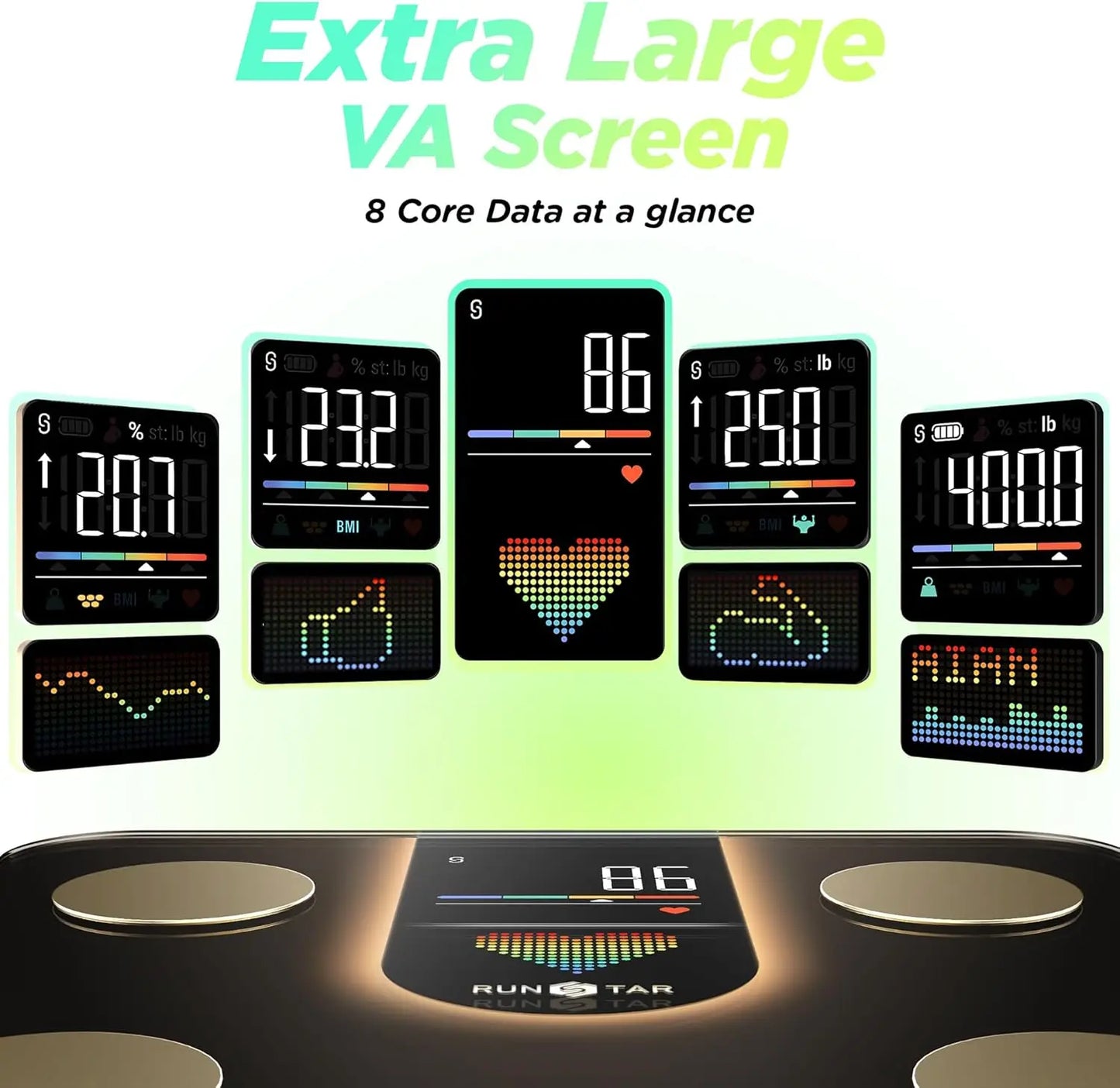 Smart Scale with 8-in-1 VA Display, High Precision Bathroom Digital Scale for Body Weight Heart Rate BMI Body Fat Sync APP