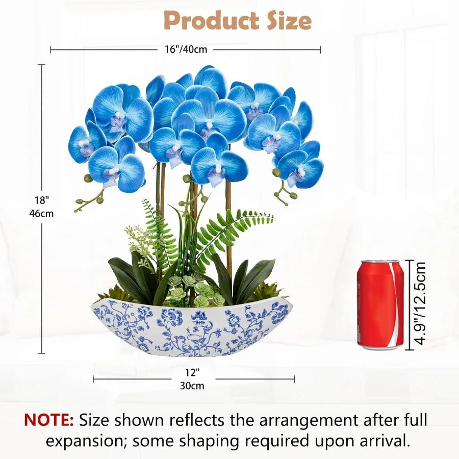 18inch Blue Orchid Artificial Flowers with Blue and White Ceramic Pot Faux Silk Orchid Arrangement for Home Office Room Dining