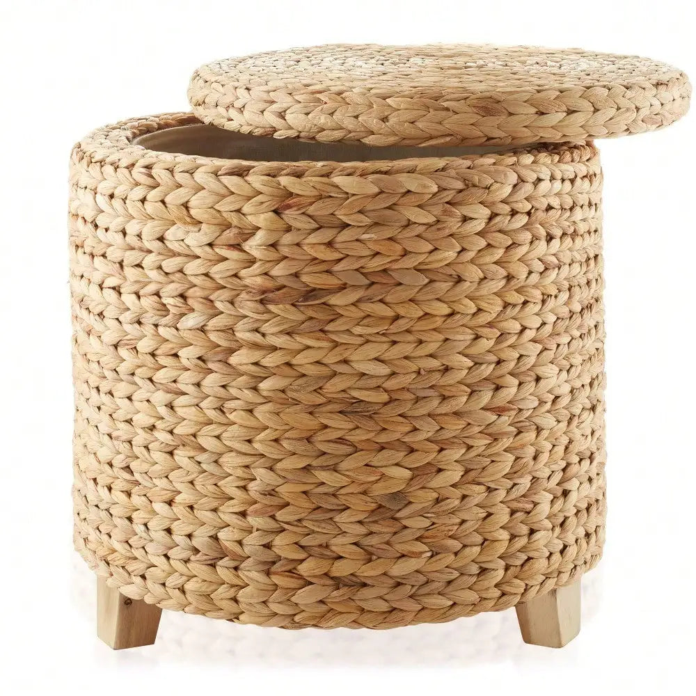 Round Storage Ottoman With Lid Handwoven Water Hyacinth Footstool Living Room