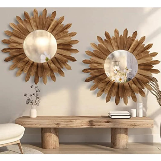 Boho Wall Sunburst Mirror 2 Pack Rustic Wood Decor