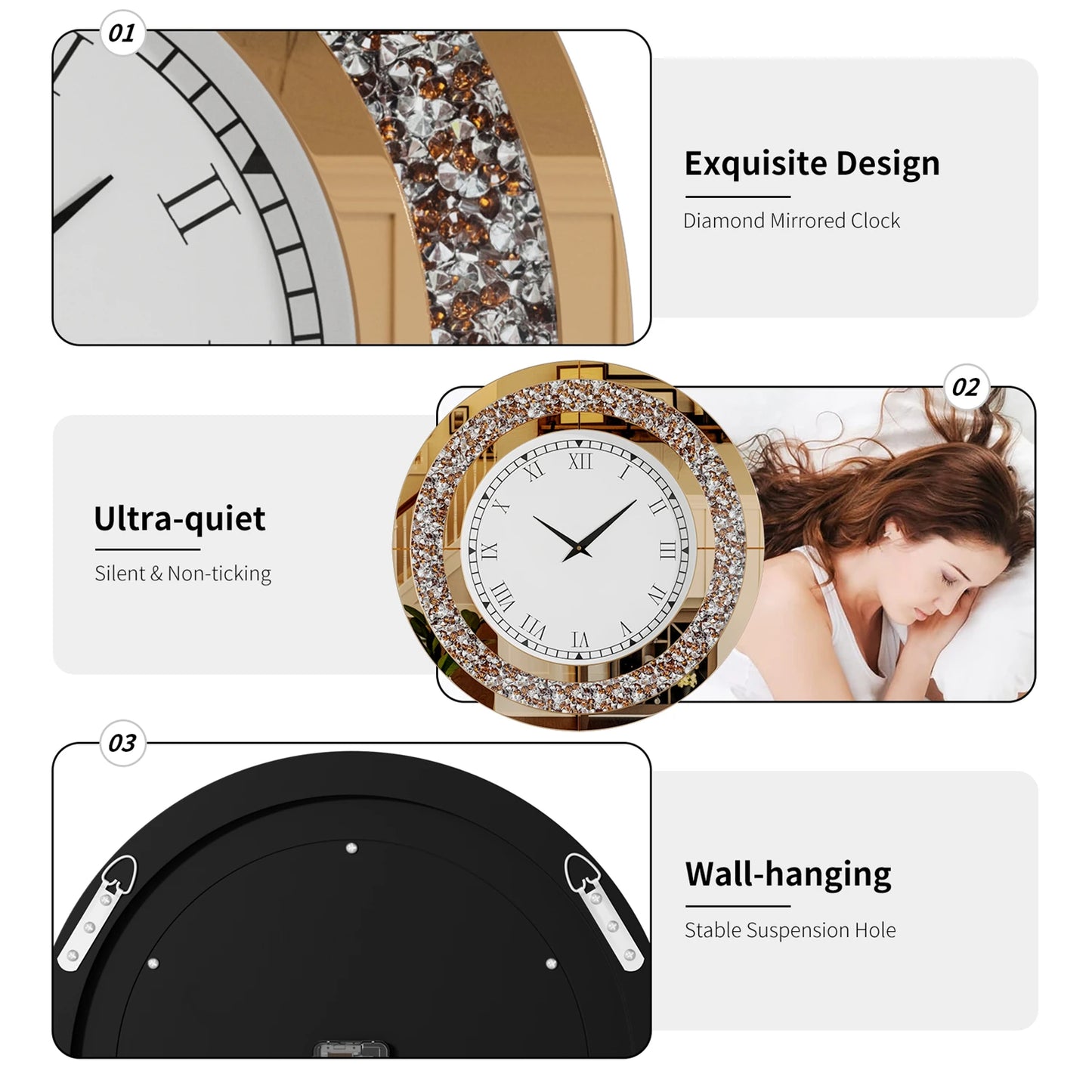 Bling Round Mirror Wall Clock For Glam Home Decor Accent