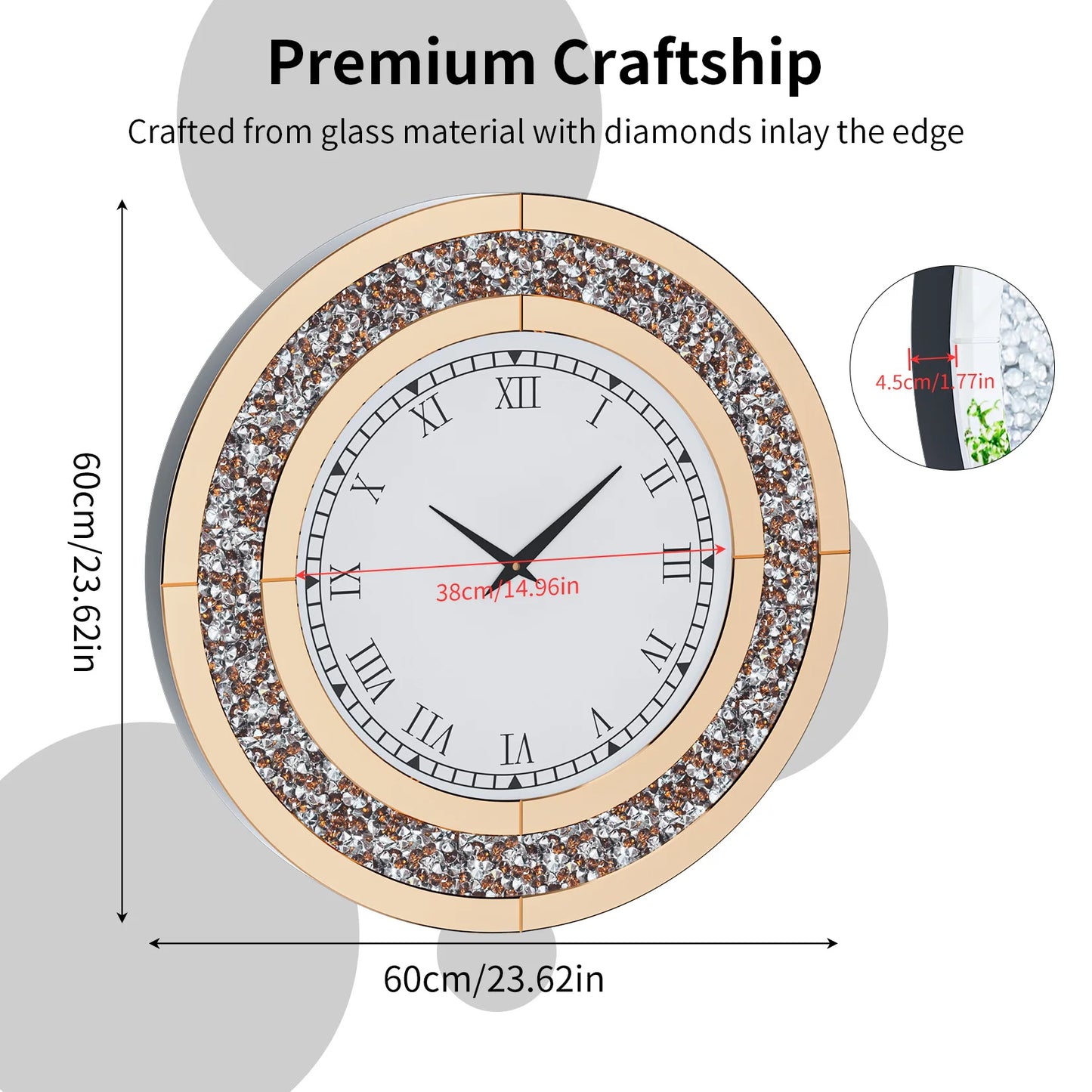 Bling Round Mirror Wall Clock For Glam Home Decor Accent