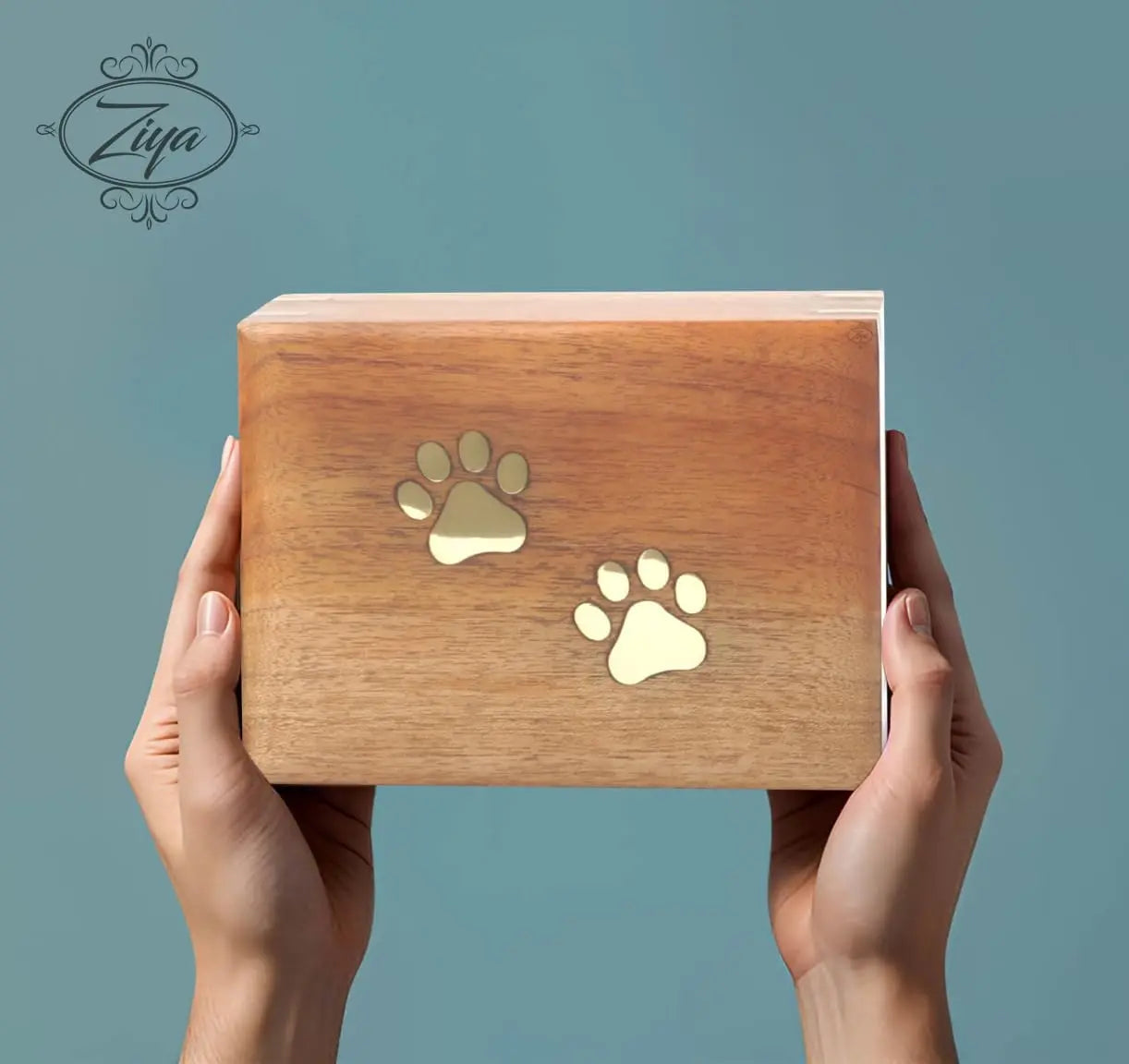 Handmade Wooden Pet Urn With Brass Paws Inlay For Ashes