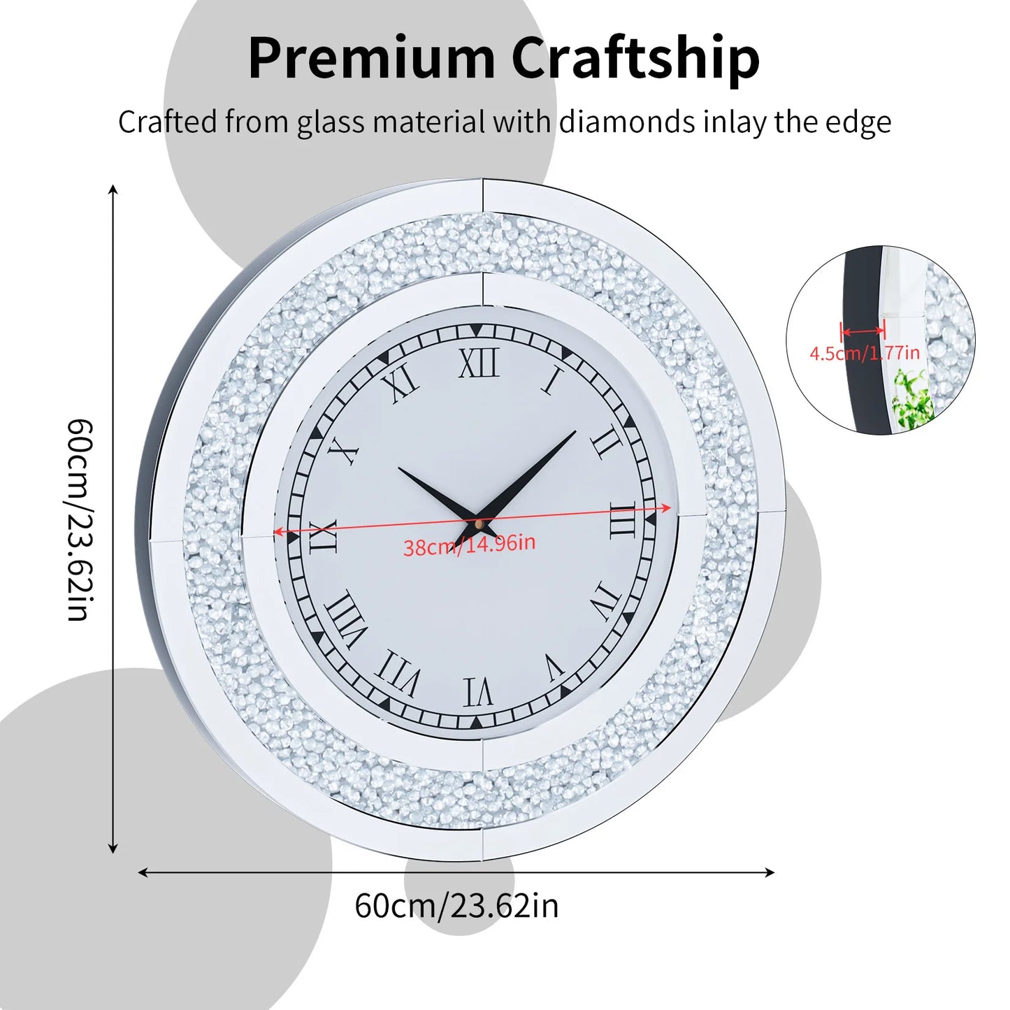 Bling Round Mirror Wall Clock For Glam Home Decor Accent