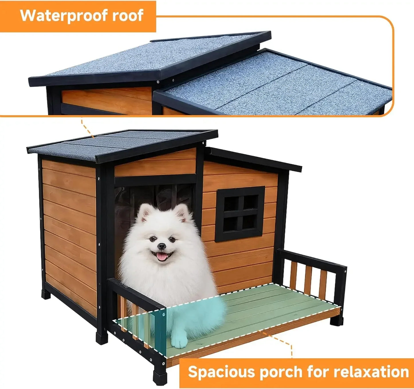 Insulated Wood Dog House Outdoor Shelter Weatherproof Asphalt Roof