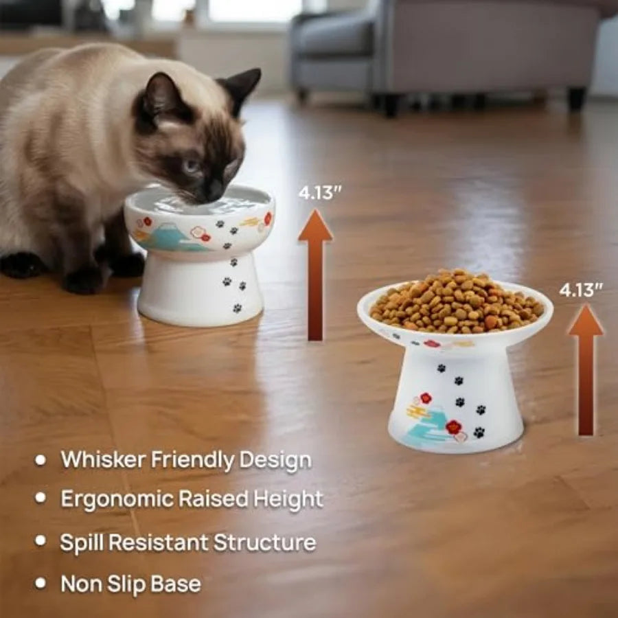 Raised Cat Food And Water Bowl Ceramic Elevated Design