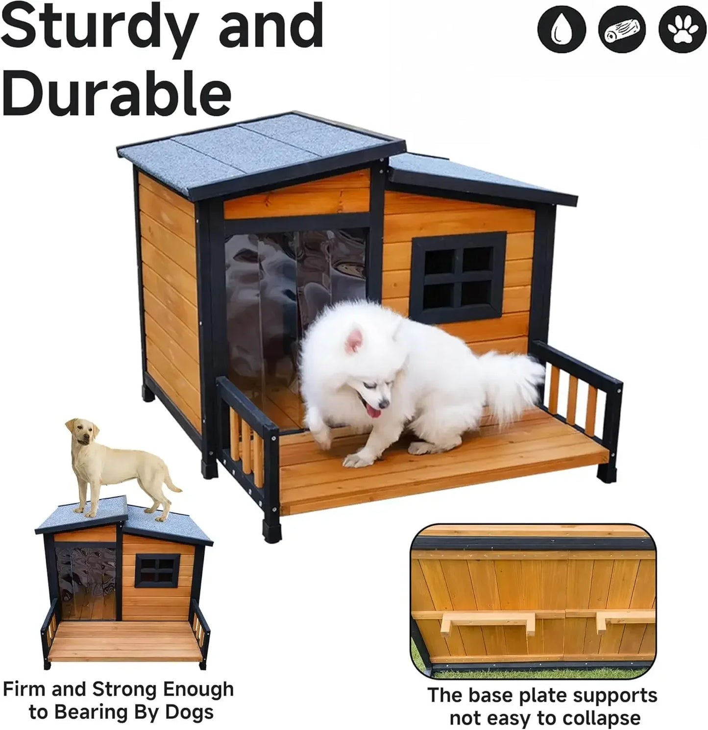Insulated Wood Dog House Outdoor Shelter Weatherproof Asphalt Roof